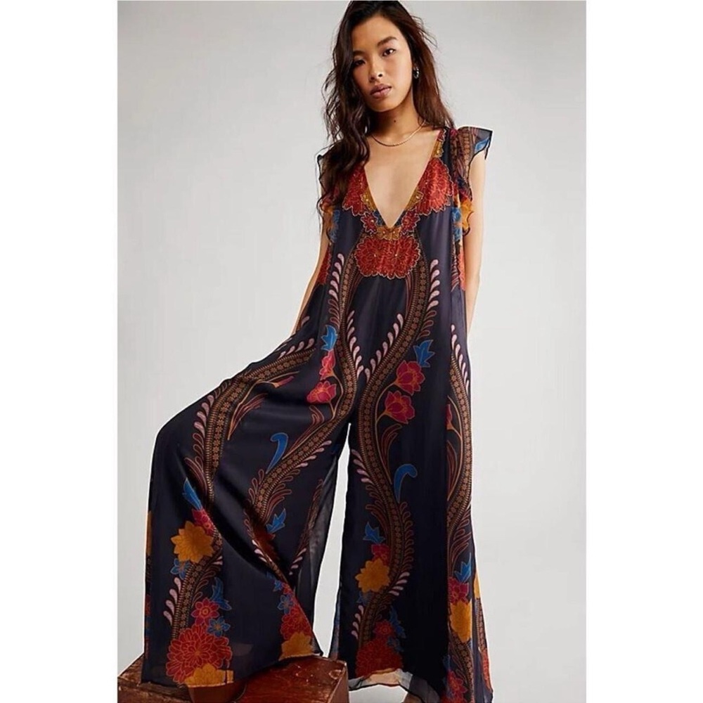 Free People Bohemian Floral Magical Jumpsuit in Dark Blue